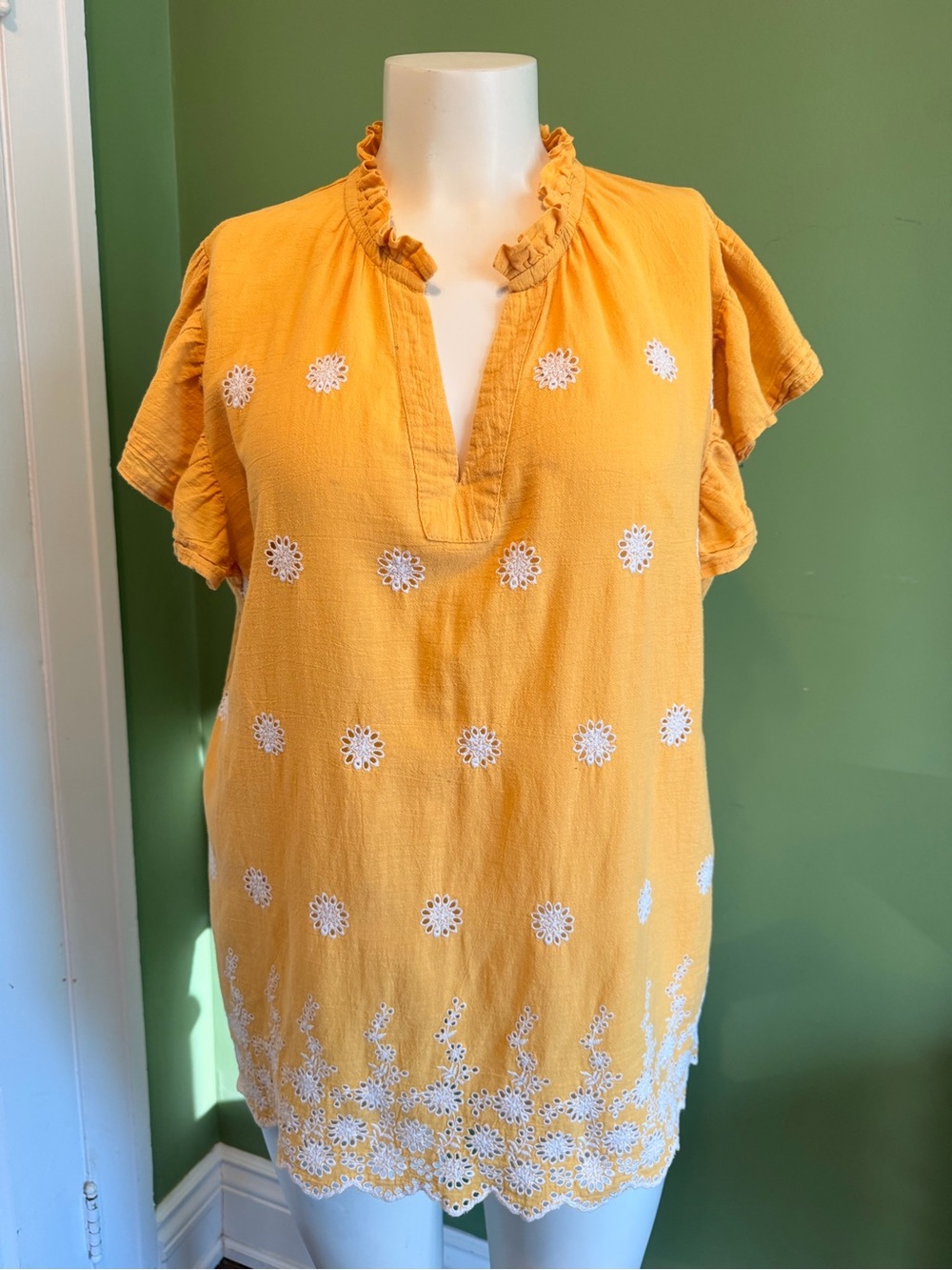 Solitaire Mustard Yellow Embroidered Flutter-Sleeve Tunic